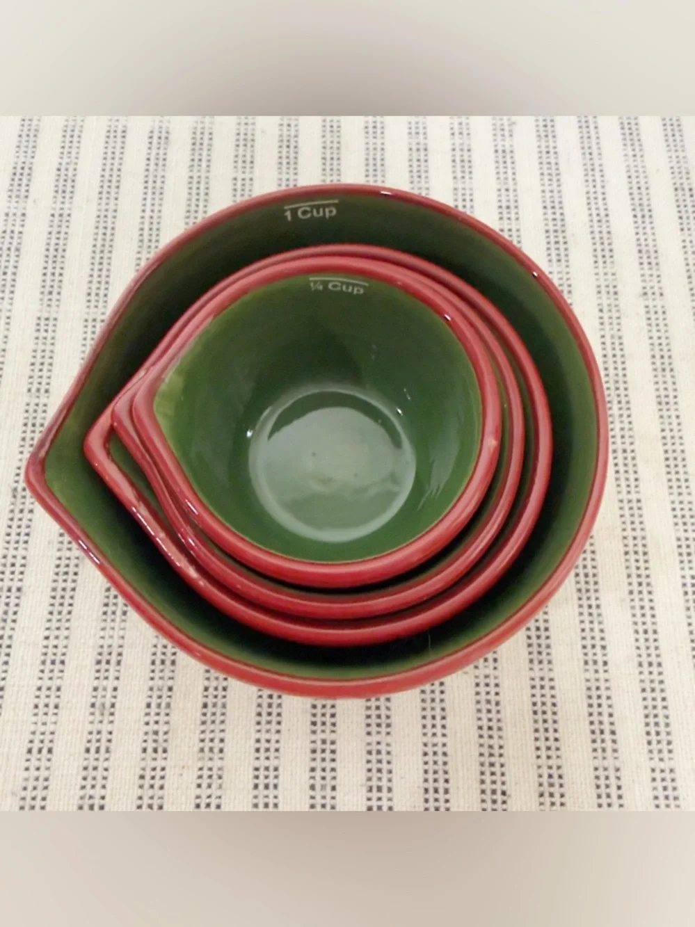Crate&Barrel Holiday Stripe Measuring Nesting Cups Hand Painted Red Green